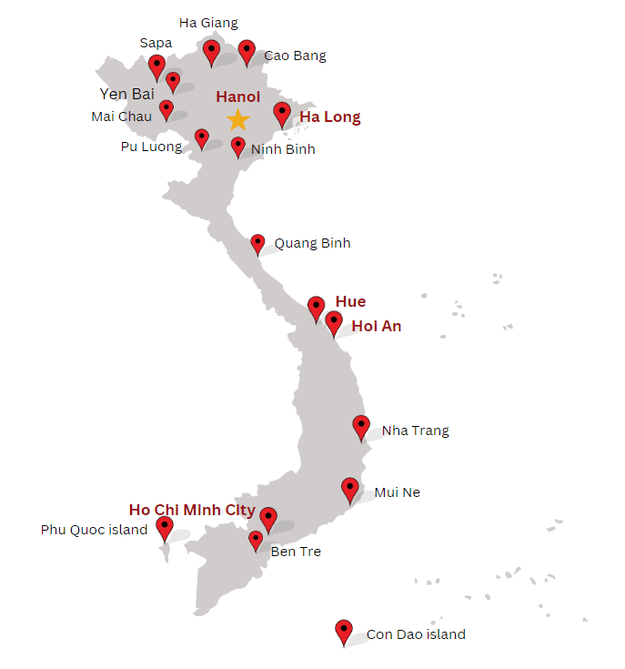 Map of Vietnam with pins at Hanoi, Sapa, Ha Giang, Cao Bang, Ha Long, Ninh Binh, Hue, Hoi An, Nha Trang, Ho Chi Minh City, Phu Quoc and Con Dao