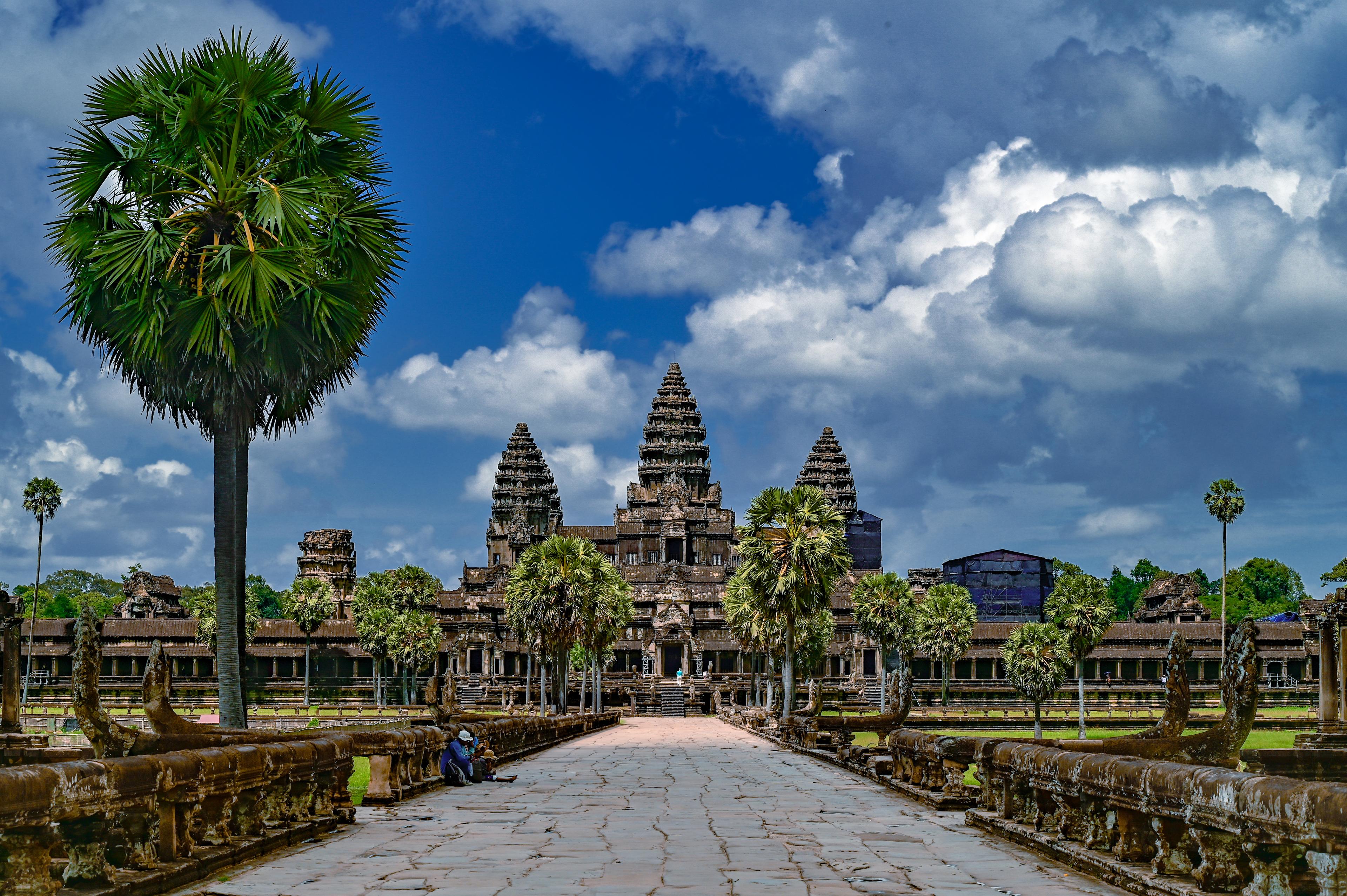 The causeway leading to the towers of Angkor Wat under a blue sky with palm trees