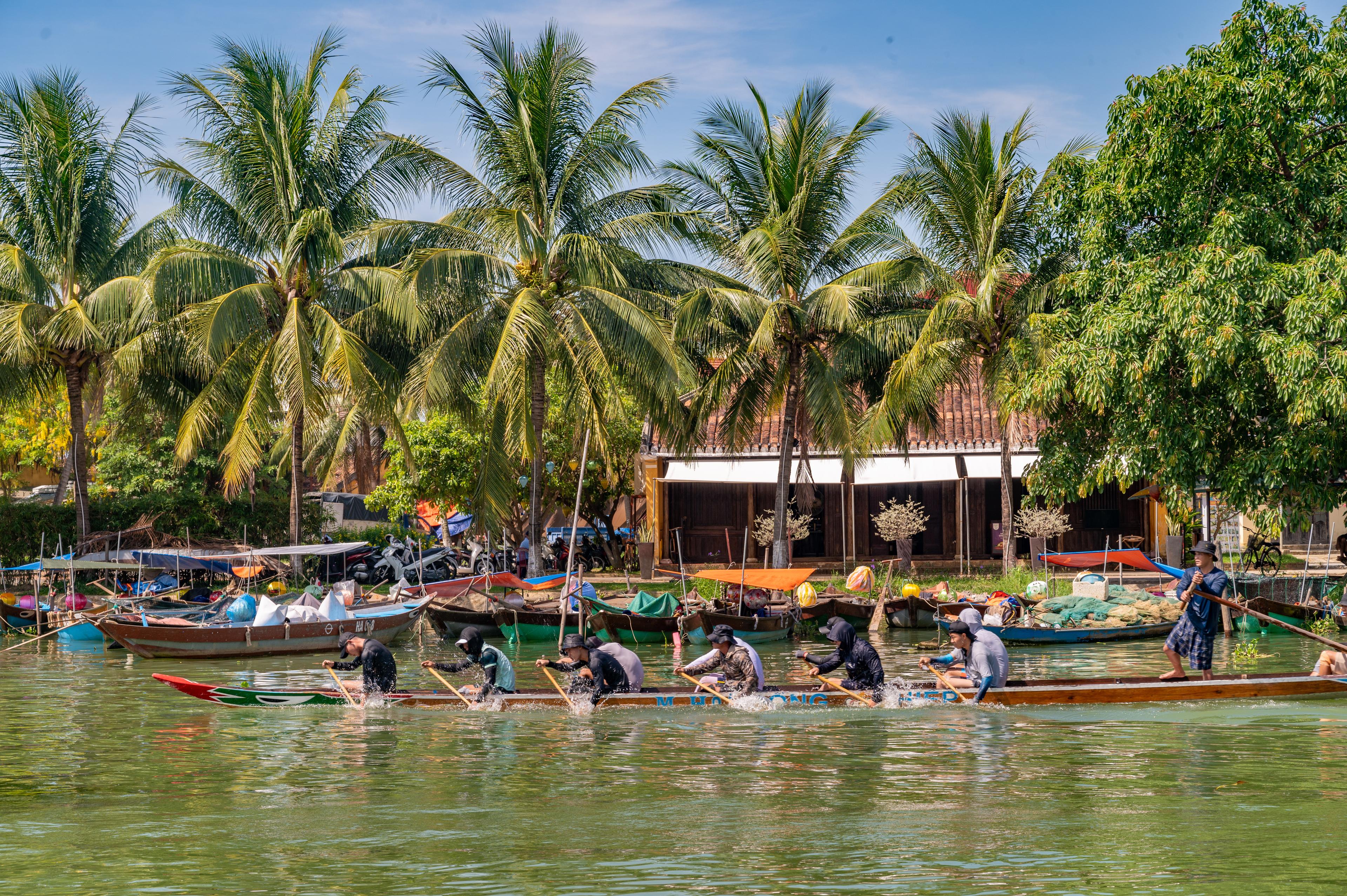 People fishing from long wooden boats on a river lined with coconut palms