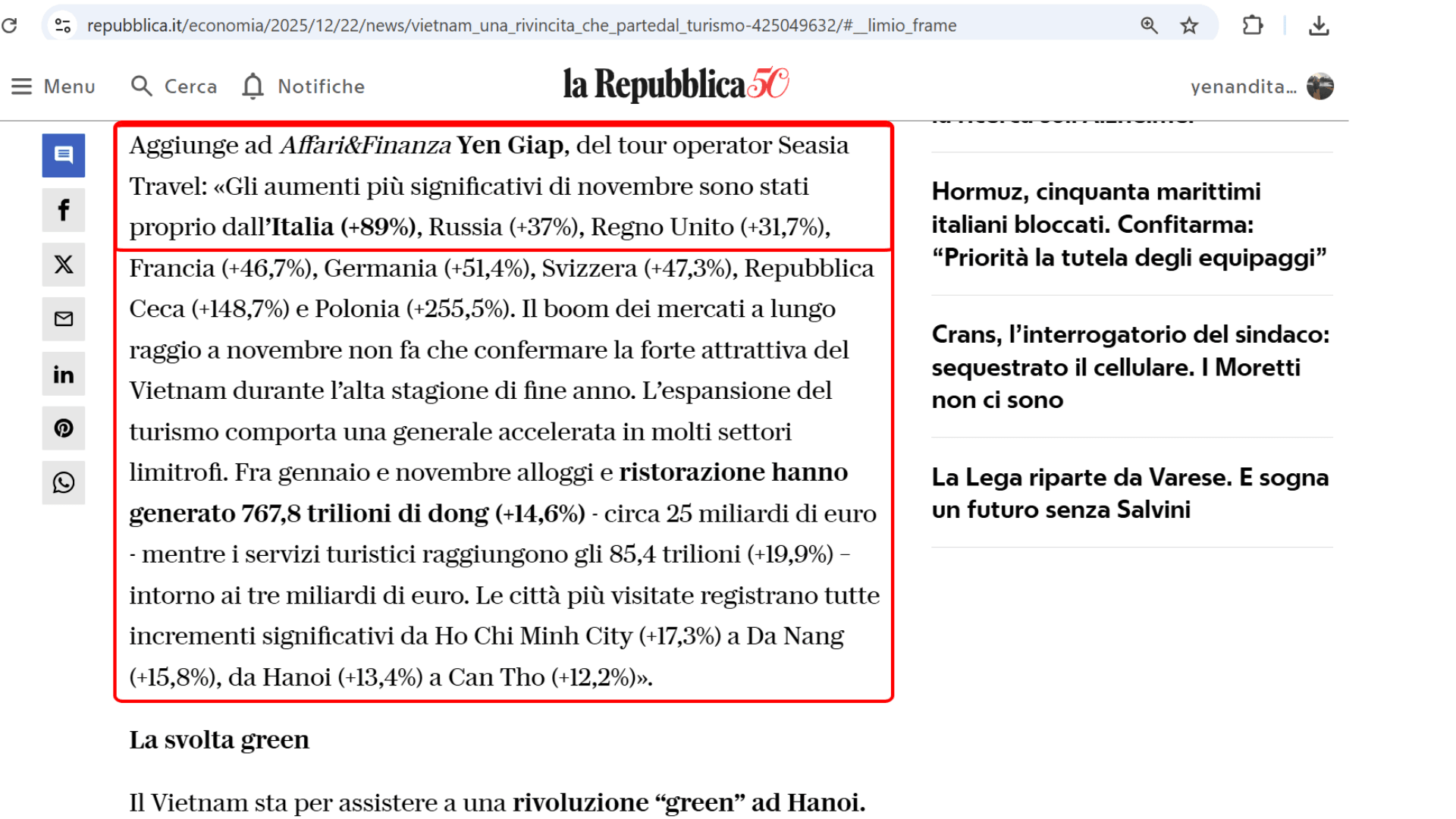 la Repubblica - Affari&Finanza quote Yen Giap SEASIA Travel