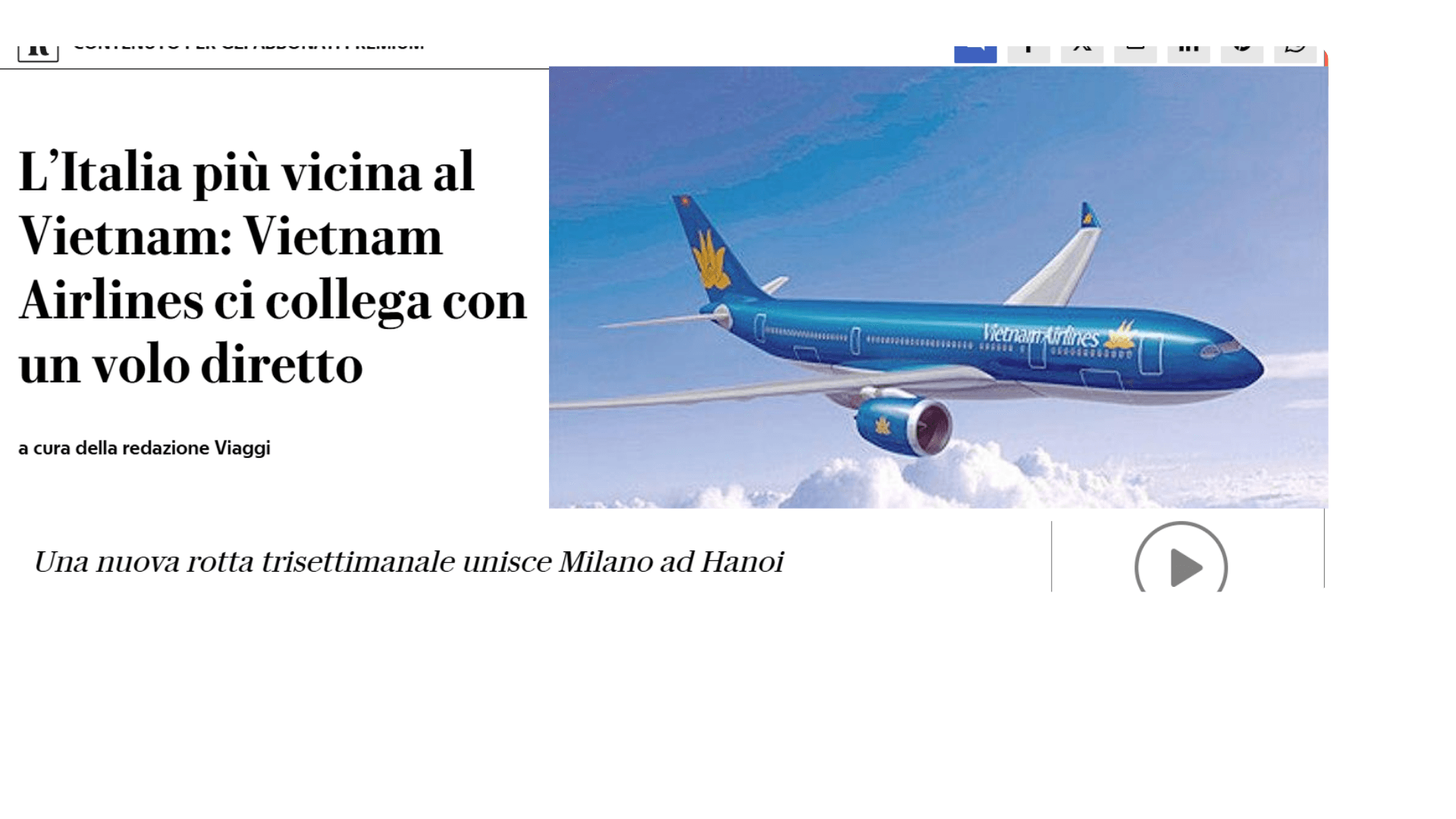 la Repubblica - L'Italia più vicina al Vietnam: Vietnam Airlines ci collega con un volo diretto