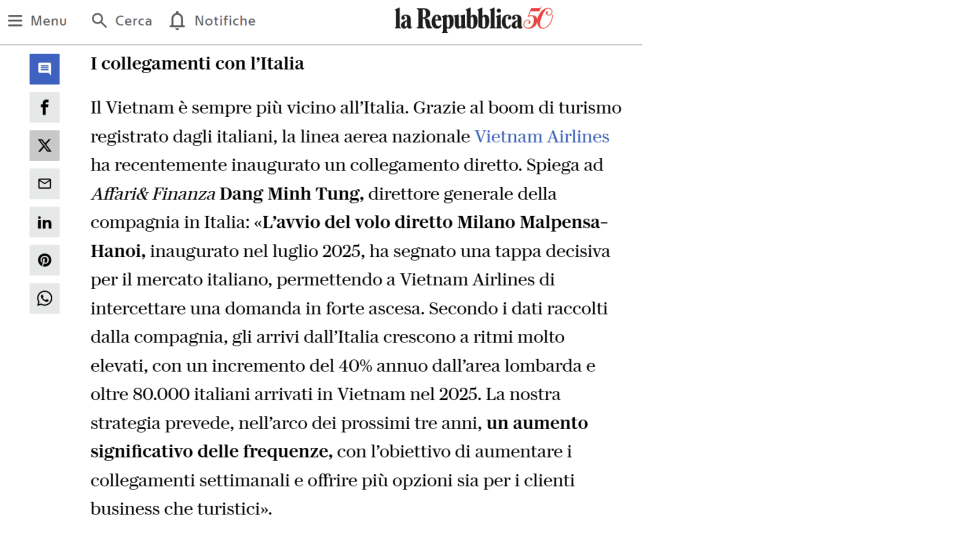 la Repubblica - I collegamenti con l'Italia