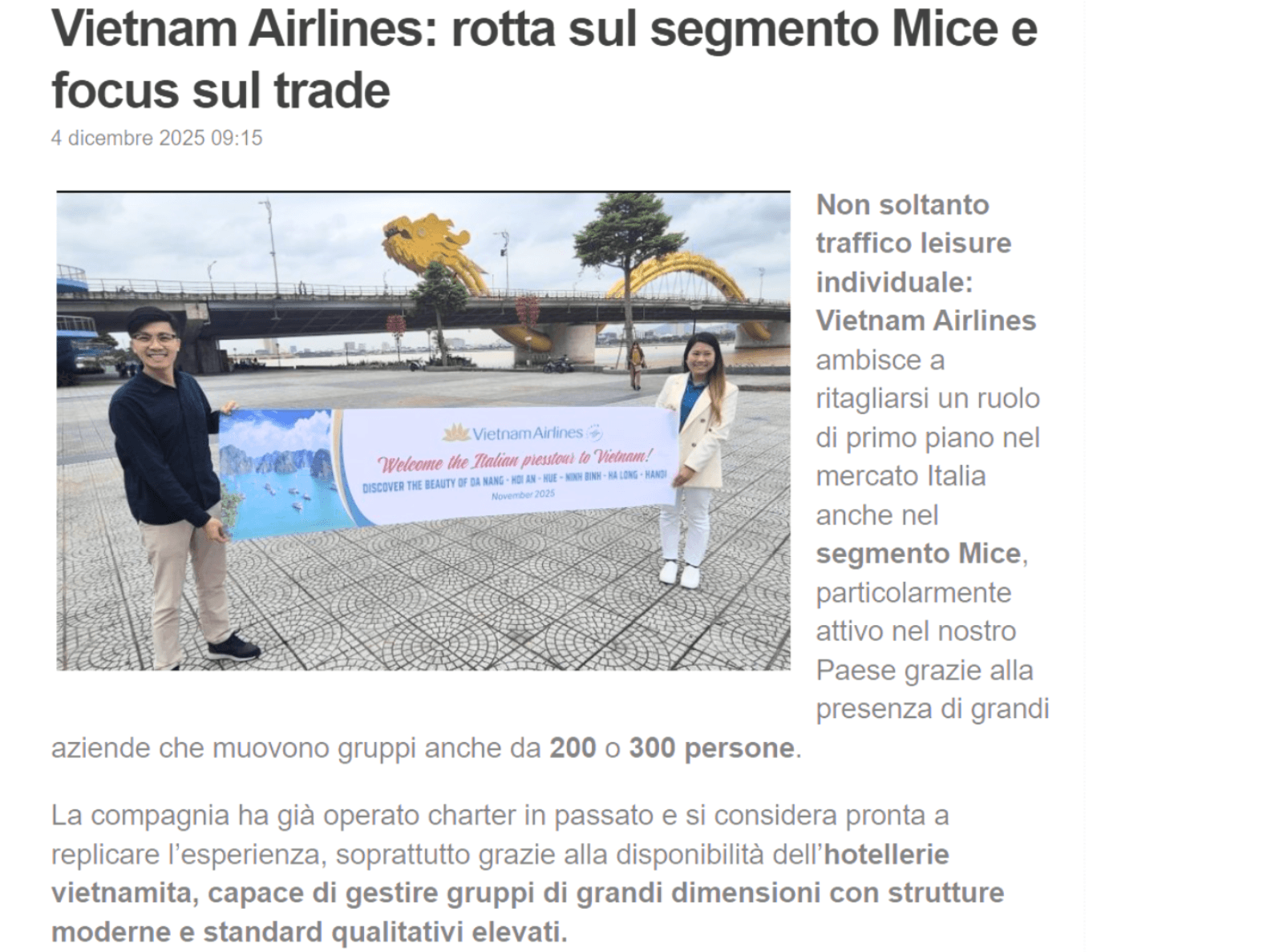 Travel Quotidiano - Vietnam Airlines: rotta sul segmento Mice e focus sul trade