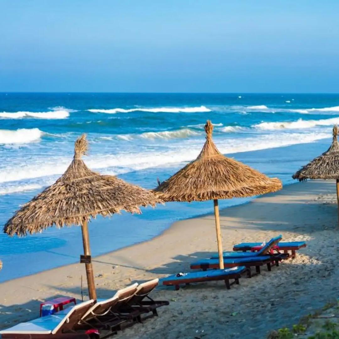 Thatched parasols and sun loungers on a sandy beach beside breaking waves