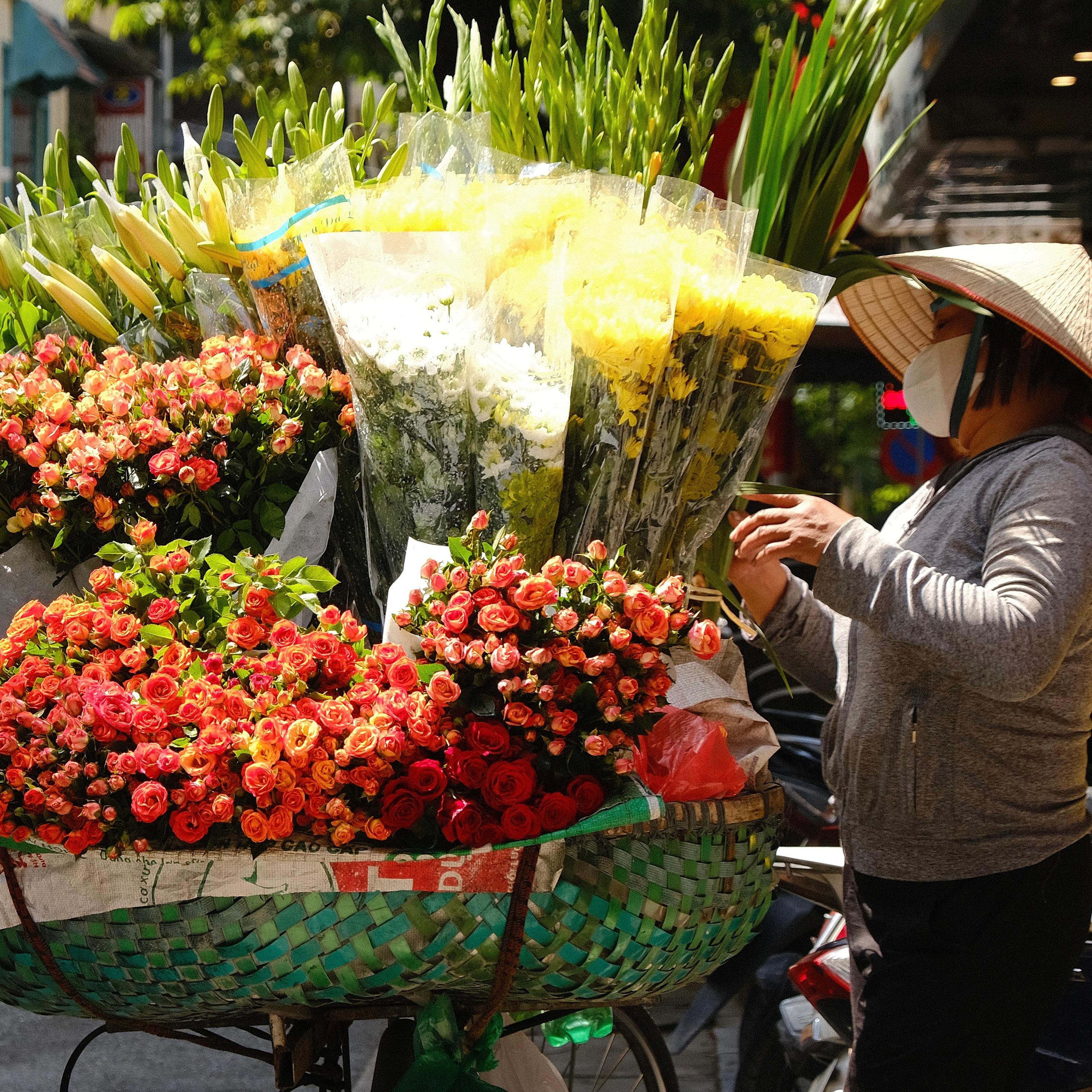 A street vendor arranging bunches of roses and lilies in baskets on a bicycle